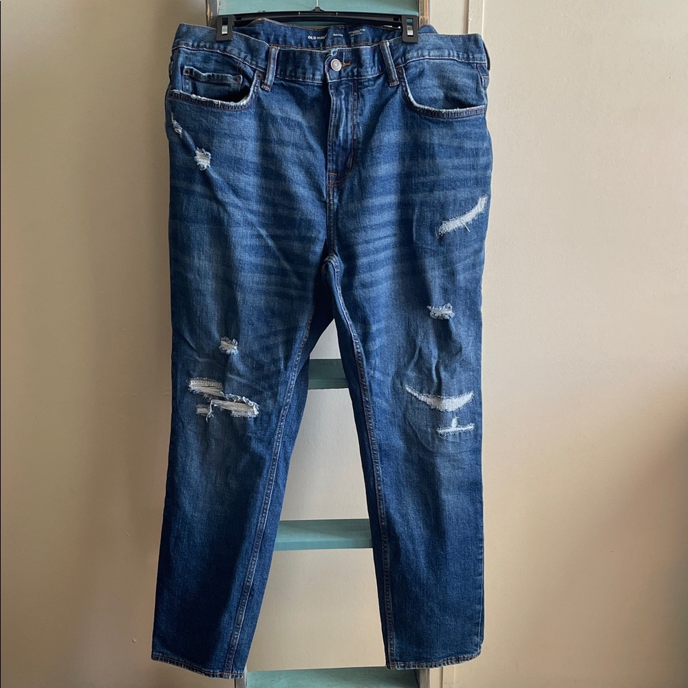 Old Navy Men's Relaxed slim Fit Distressed Blue Jeans tapered